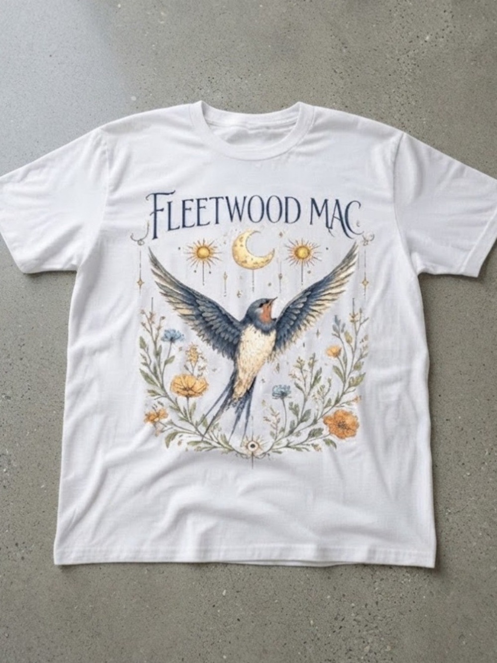 Gildan White Tee with Blue & Gold Bird and Floral Graphic
